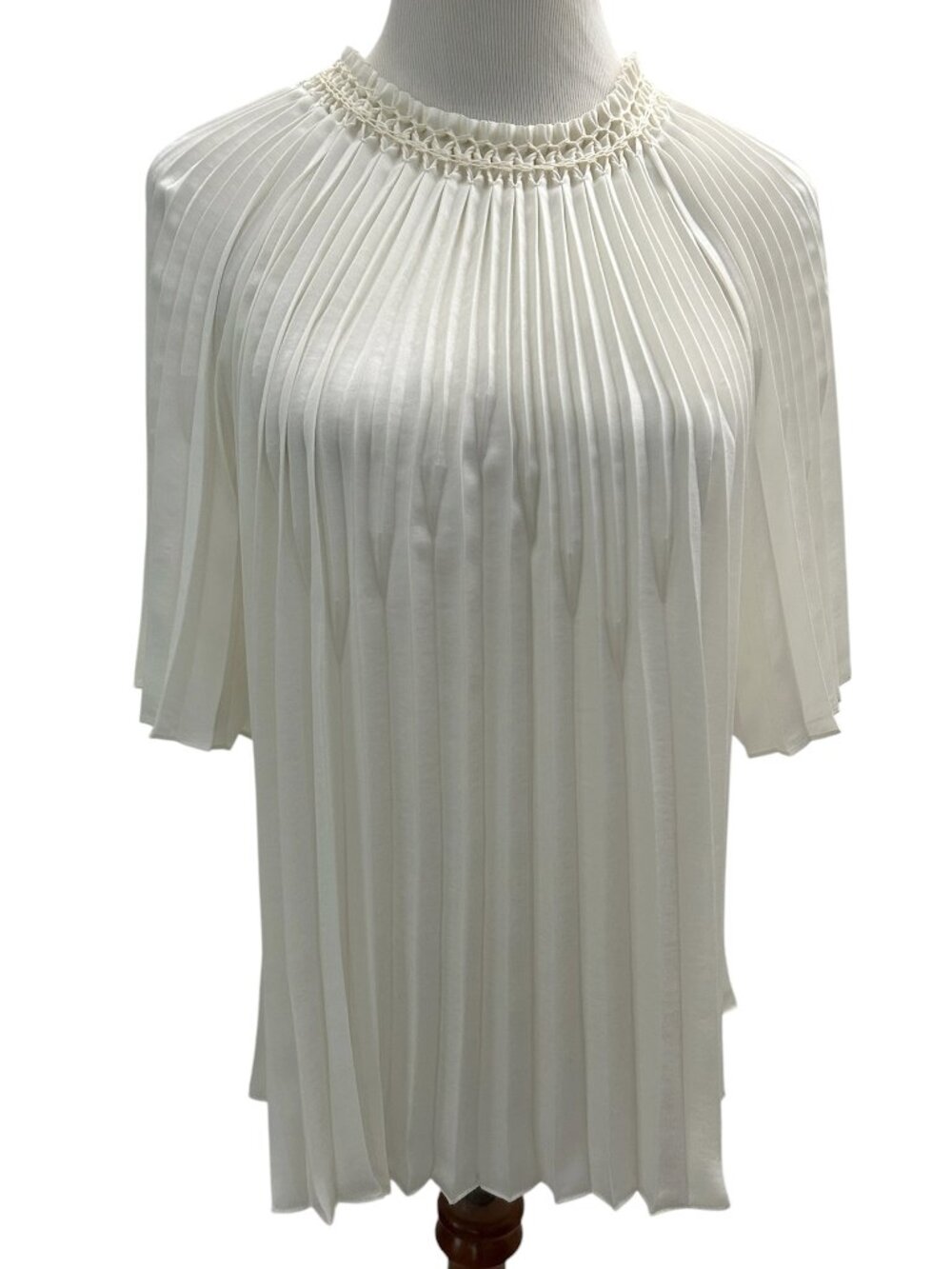 Vince Size M Medium Accordion Pleat Blouse Round Back Tie Neck Short Sleeve Top